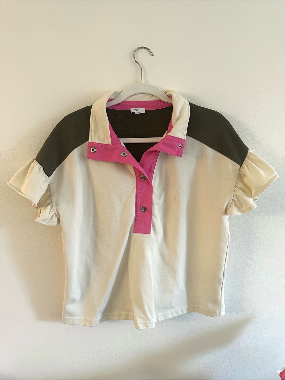 Cream Crop Polo Top with Pink Placket and Olive Shoulder Panels